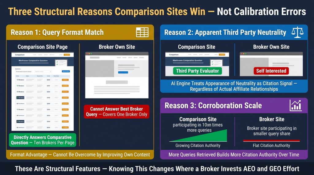 Three Reasons Comparison Sites Win "Best Broker" Queries — Structurally, Why AI Engines Cite Comparison Sites Over Broker Sites