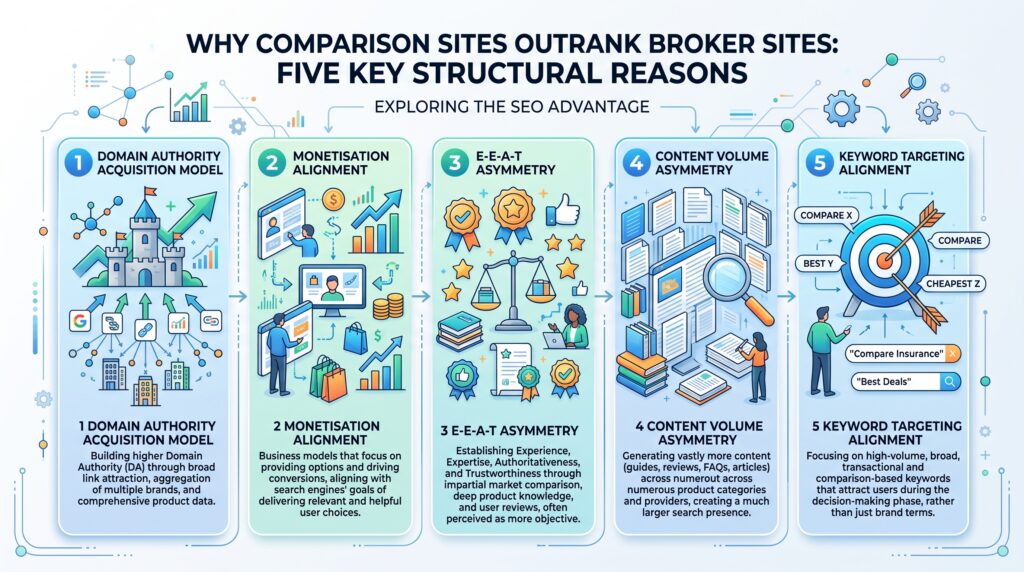 The Five Structural Reasons Comparison Sites Outrank Broker Sites