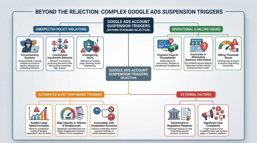 Google Ads — Suspension Triggers Beyond Standard Rejection