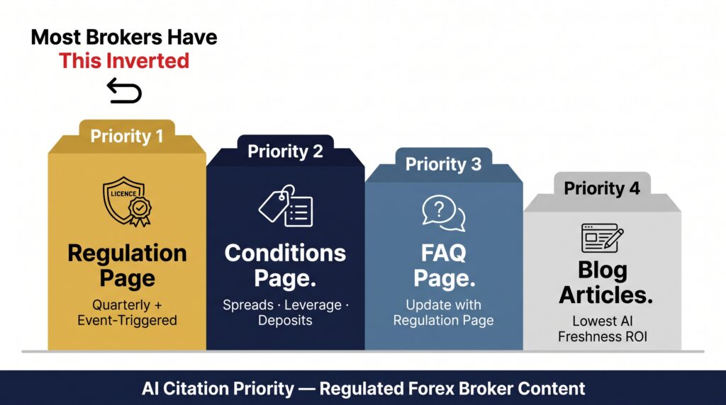 Page Priority Order — Where the Freshness Investment Actually Belongs. Forex Broker Content Freshness